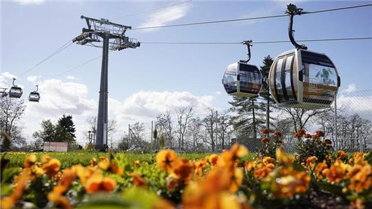 Kabinen der Seilbahn fahren auf dem Gelände der Bundesgartenschau hinter einem Blumenbeet.