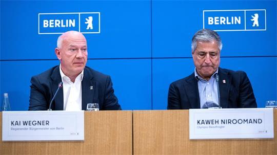 Kai Wegner (links), Regierender Bürgermeister Berlins, und der Olympiabeauftragte Kaweh Niroomand erklärten das Aus der Berliner Bewerbung.