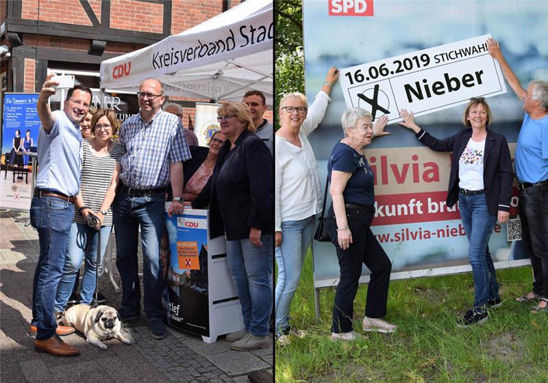 Kandidat Sönke Hartlef (linkes Foto: Mitte) mit Team an seinem Wahlkampfstand in der Altstadt. Silvia Nieber (rechtes Foto: Mitte) nutzt den Sonnabend, um mit ihrem Team Plakate umzukleben und Hausbesuche zu absolvieren.  Fotos Albus
