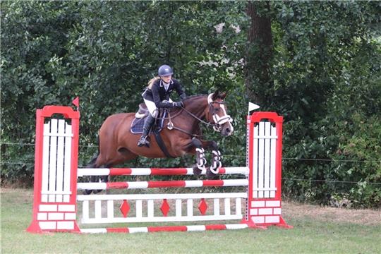 Katrin Stelter gewann mit Goldenrose die Springpferdeprüfung Kl. L beim Reiterfest in Engelschoff. Foto: Klempow