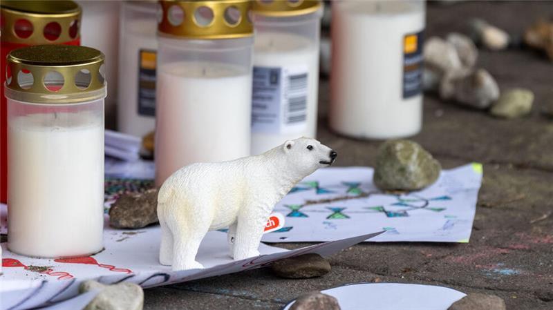 Kerzen und eine Eisbären-Figur stehen an der Unglücksstelle.