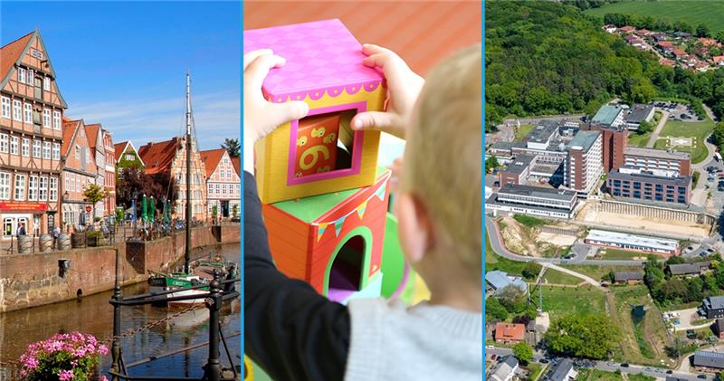 Kindergarten-Bau, Altstadtsanierung und Abgabe der Elbe Kliniken sind drei Themen der Stader Stadtverwaltung. Fotos: Archiv, Stadt Stade, Pixabay.de