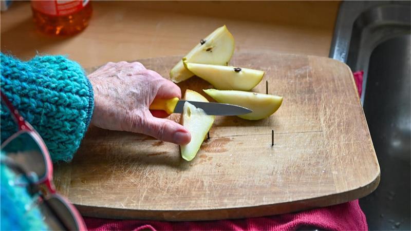 Kleine Tricks für den Alltag: Mit einem Nagelbrett kann Karen Smetacek Obst und Gemüse aufspießen, um es mit einer Hand schneiden zu können. 