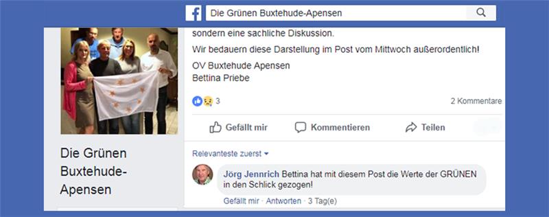 Kommentar auf der Facebookseite der Grünen Buxtehude-Apensen. Quelle: Facebook.com