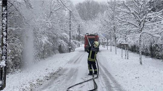 Kräfe der Feuerwehr im Einsatz in Kritzendorn, um Stromleitungen vor herabfallenden Ästen zu schützen.