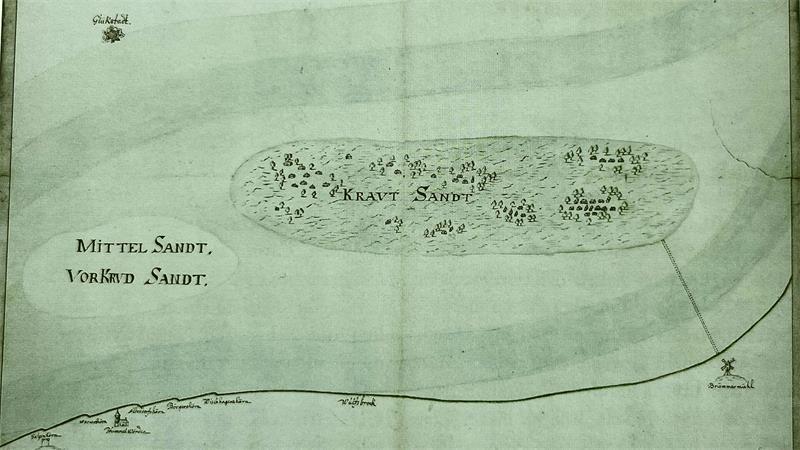 Wie Krautsand zu einer Arche Noah bedrohter Arten werden könnte Krautsand um 1700: Die Häuser stehen auf Wurten, am holsteinischen Ufer ist Glückstadt zu erkennen, am anderen Ufer die Kirche von Hamelwörden und die Passage zur Mühle auf dem Festland.