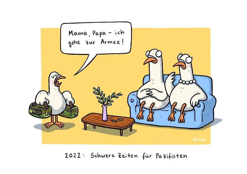 Schloss Agathenburg zeigt preisgekrönte Karikaturen Kriegstauben von Annika Frank. Die Zeichnerin wurde im letzten Jahr als beste Newcomerin ausgezeichnet.