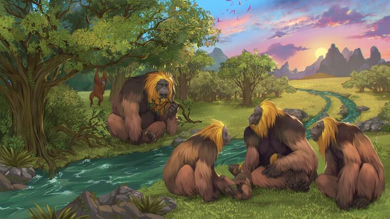 Künstlerische Darstellung einer Gruppe von Gigantopithecus blacki in einem Wald.