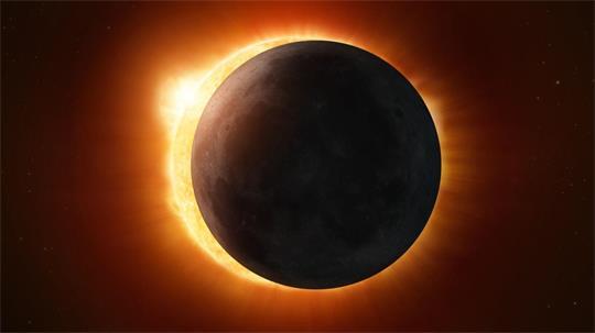 Künstlerische Darstellung einer Sonnenfinsternis. Der Mond steht genau vor der Sonne, so dass sein Schatten auf die Erde fällt.