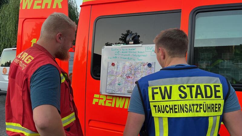 Lagebesprechung am Einsatzleitwagen auf dem Hafenparkplatz am Salztorswall in Stade.