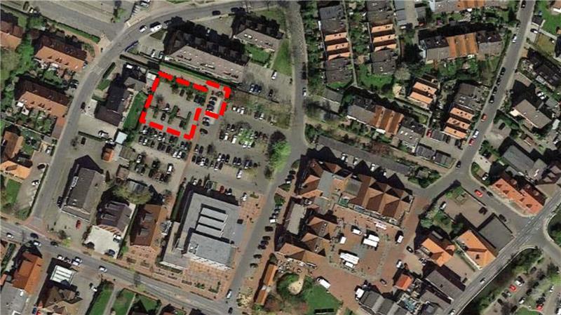 Lageplan des Ärztehauses südlich des Fuß- und Radwegs Höftrute, rechts unten ist die Sparkasse zu sehen, im Osten der Altländer Markt.