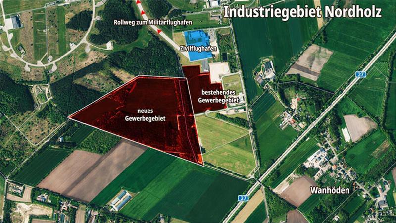 Wo Putins Krieg für 400 neue Arbeitsplätze sorgt Lange war das Gewerbegebiet am Flughafen Nordholz fast ausschließlich grüne Wiese. Jetzt werden nicht nur die 6 Hektar an erschlossenen Flächen (rote Fläche) bald gefüllt sein, sondern es gibt Anfragen für weitere 25 Hektar (rote Fläche links daneben)