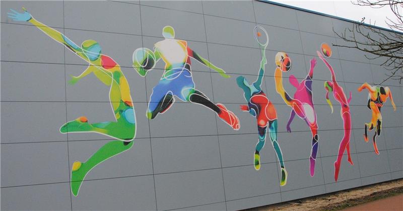 Leichtathletik, Basketball, Tennis, Fußball und Volleyball – die Fassade des Vincent-Lübeck-Gymnasiums – hier die Turnhalle – wird derzeit saniert, mit Fassadenplatten versehen und farblich auffällig in Szene gesetzt. Foto Stief