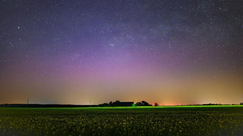 Lila leuchtet ein Polarlicht am Nachthimmel im Landkreis Märkisch-Oderland in Ostbrandenburg.