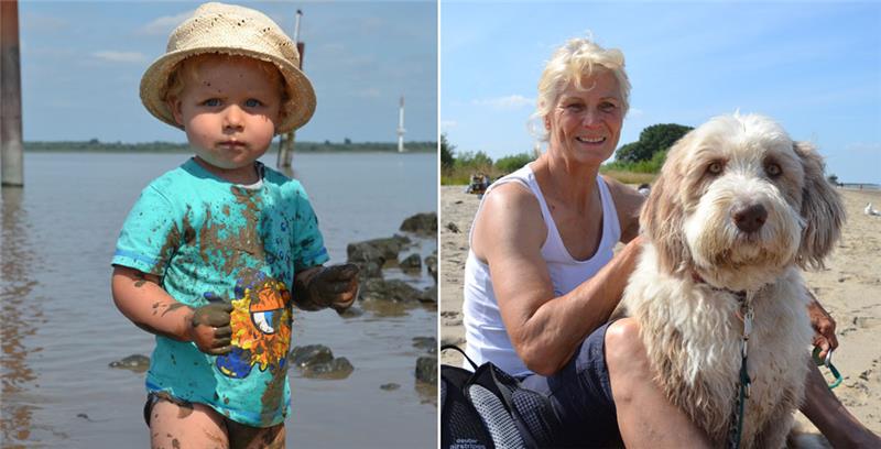 Links: Ach, wie schön ist das Bad im Schlick: Mats genießt es ausgiebig. Rechts: Entschleunigt gerne beim Pötte-Gucken: Sylvia van Lier mit Bearded Collie Paul. Fotos: Helfferich