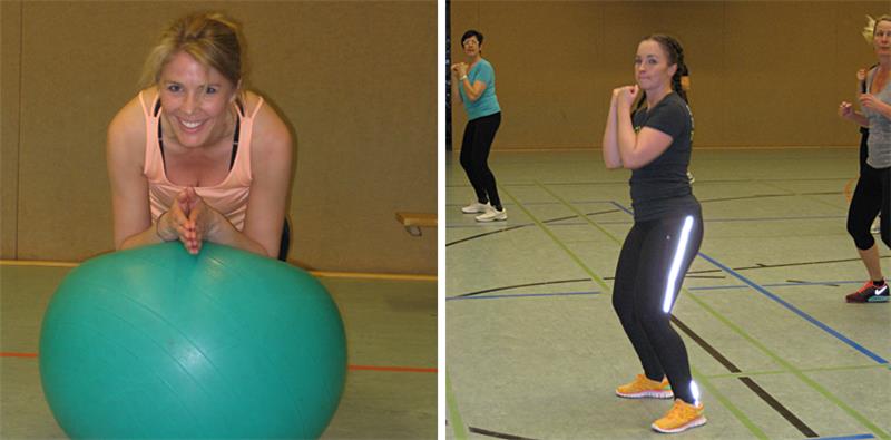 Links: Das Crosstraining mit dem Pezziball ist anstrengend, bereitet Melanie Dehmel aber auch Spaß. Rechts: Samira Meyer beim Workshop „X-DO“. Fotos Battmer