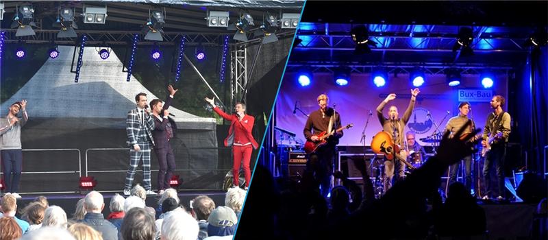 Links: Die A-cappella-Band Maybebop trat auf der Wiese neben dem Stadeum auf. Rechts: Das Wehdenhof-Publikum feiert The Fakawi. Fotos: Antje Kröger/Altstadtverein Buxtehude (1), Weselmann (3), Felsch (3), Helfferich (1)