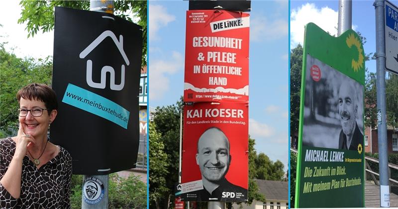 Links: Susi Milewski vor einem der CDU-Plakate. Mitte: SPD- und Linken-Plakate am Westmoor. Rechts: Holzplakat der Grünen. Fotos: Richter