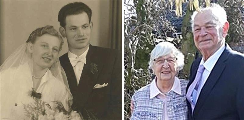 Links: Vor 65 Jahren haben Dorothea und Manfred Bartsch geheiratet. Rechts: Die Hochzeitsjubilare vor dem großen Haselnussbaum in ihrem Garten, ein Geschenk zum 20. Hochzeitstag.