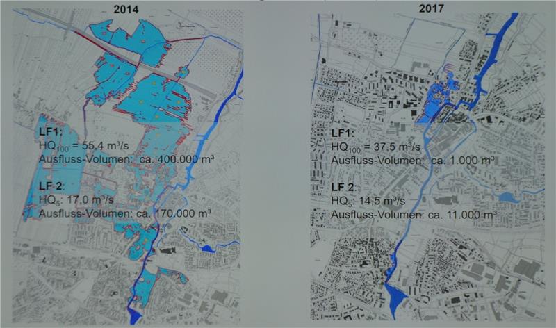 Links das alte, rechts das neue Überschwemmungsgebiet in Buxtehude. Es wird deutlich schrumpfen, nur noch die Bereich „Vivergärten“ und „Estestraße/Klostergang“ (Karte rechts) sind bedroht. Karte: NLWKN / BWS