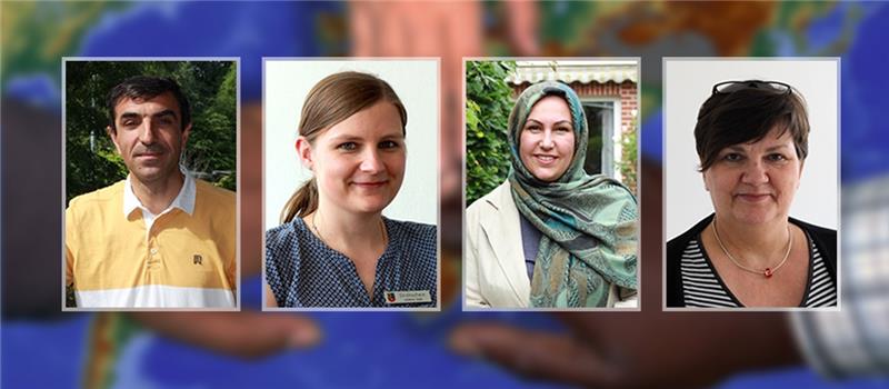 Links oben: Fatemeh Asakereh stammt aus dem Iran und arbeitet als Flüchtlingshelferin. Rechts oben: Susanne Brahmst, Sozialdezernentin beim Landkreis Stade. Rechts unten: Walid Haji aus Syrien arbeitet heute als Techniker in der Industrie. Links unten: Anna Strohschein leitet die Koordinierungsstelle Migration und Teilhabe. Fotos: Richter