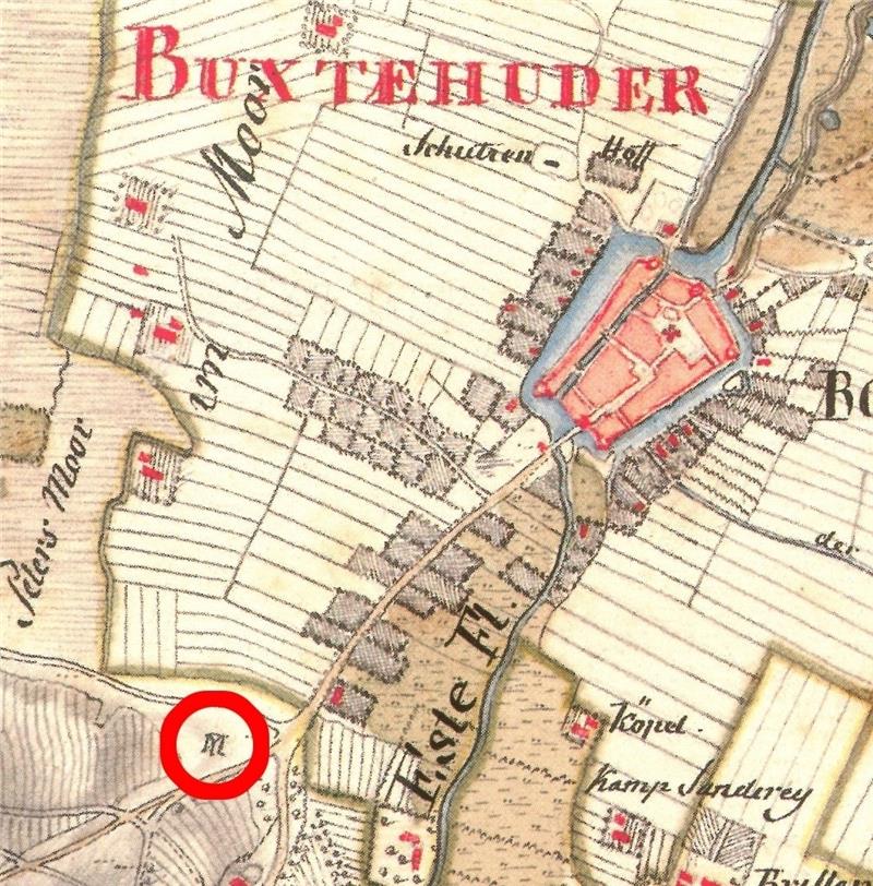 Links unten ist die Hexenwiese mit Galgen zu sehen (roter Kreis). Heute steht dort die K&S Seniorenresidenz, vorher stand dort „Birkel“. Es ist ein Ausschnitt aus der Kurhannoverschen Landesaufnahme von 1769/1772.
