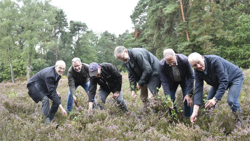 Lions-Mitglieder und Landrat Kai Seefried kümmern sich um die Goldbecker Heide.