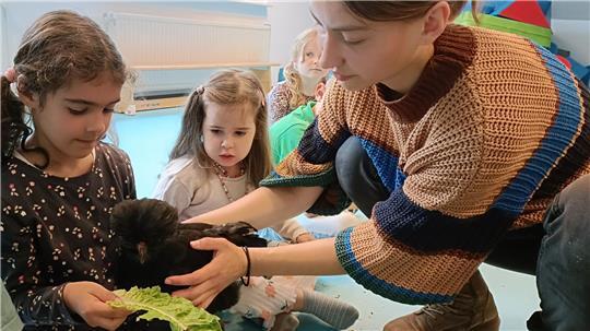 Lotti (Mitte) schaut fasziniert zu: Vanessa Schmidt setzt Noelia das Haubenhuhn Hexe auf den Schoß.