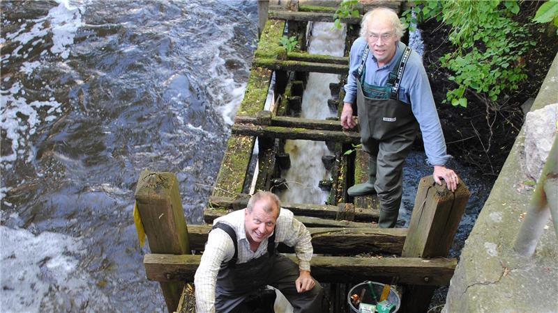 Manfred Krauß und Karl-Hans Bahns bei der Reparatur der alten Fischtreppe im Jahr 2013.