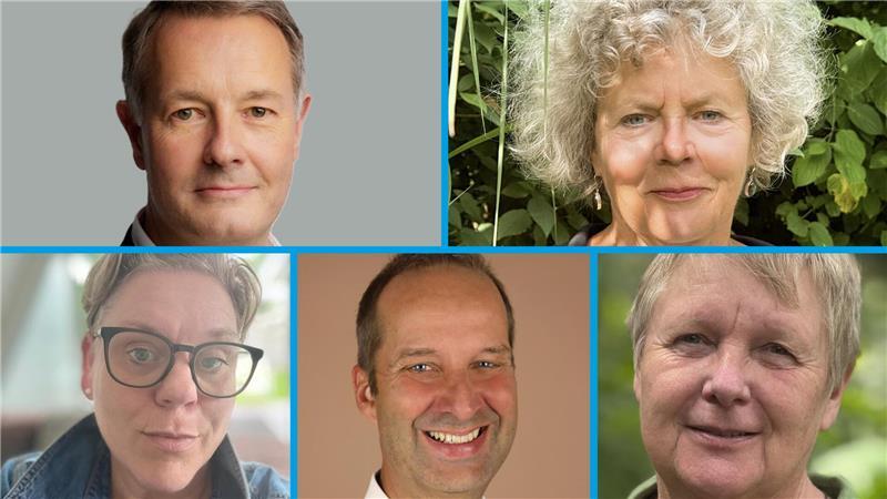 Markus Winter und Karin Aval (obere Reihe von links) sowie Britta Sanders, Thomas Lange und Ulla Männich (untere Reihe von links) stellen sich für die Grünen zur Wahl (Collage).