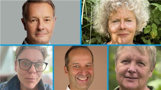 Markus Winter und Karin Aval (obere Reihe von links) sowie Britta Sanders, Thomas Lange und Ulla Männich (untere Reihe von links) stellen sich für die Grünen zur Wahl (Collage).