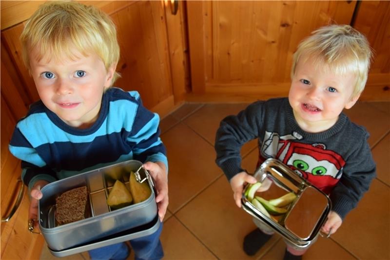 Matthes und Emilian Ney zeigen ihr Frühstück für den Kindergarten.  Fotos: Albus