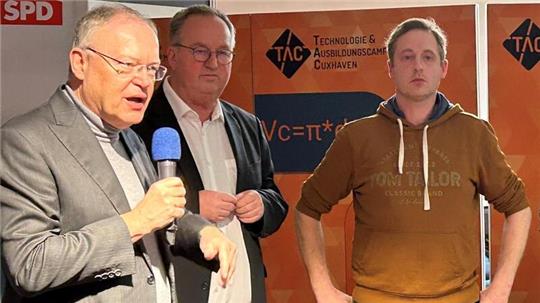 Ministerpräsident Stephan Weil (l.) mit Cuxhavens Oberbürgermeister Uwe Santjer und dem stellvertretenden Landvolkchef Gerriet Gerdts bei der Veranstaltung „Auf ein Wort“ im Technologie- & Ausbildungscampus (TAC).