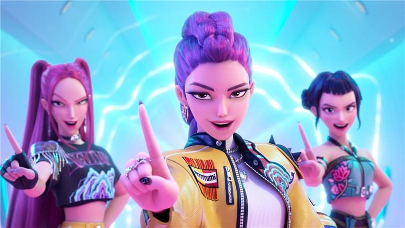 Mira (Stimme von May Hong, l-r), Rumi (Stimme von Arden Cho) und Zoey (Stimme von Ji-Young Yoo) - eine Szene aus „KPop Demon Hunters“ (undatiert). 