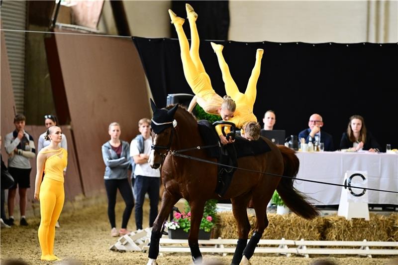 Mirja Krohne (14) und Henry Frischmuth (12) turnen hier zusammen in Warendorf für das erfolgreiche Fredenbecker Juniorteam . Auch im Einzel konnten sie beim Preis der Zukunft überzeugen. Foto: Daniel Kaiser