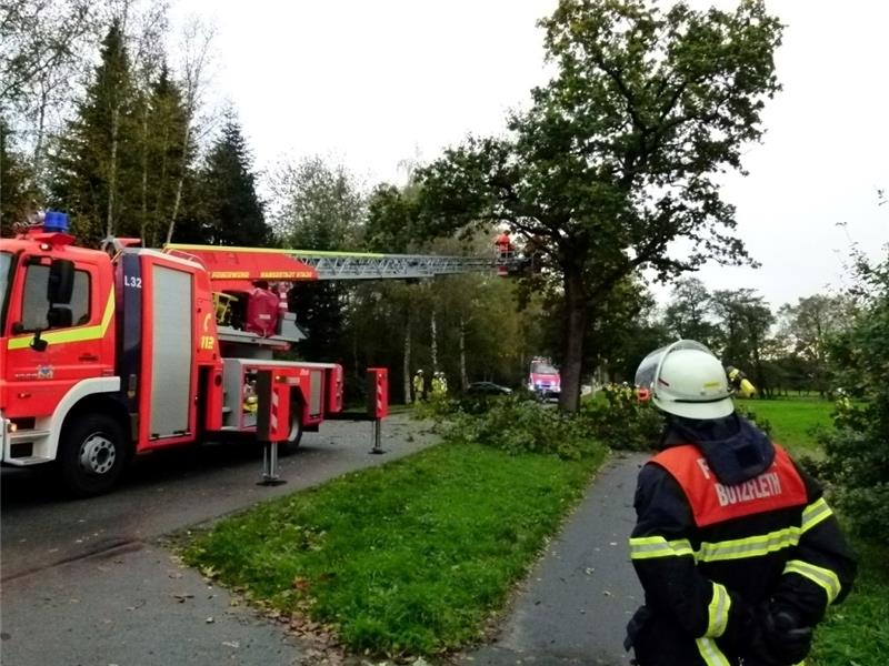 Mit Hilfe einer Drehleiter beseitigen Feuerwehrleute Sturmschäden in Bützflethermoor.  Foto: Bube