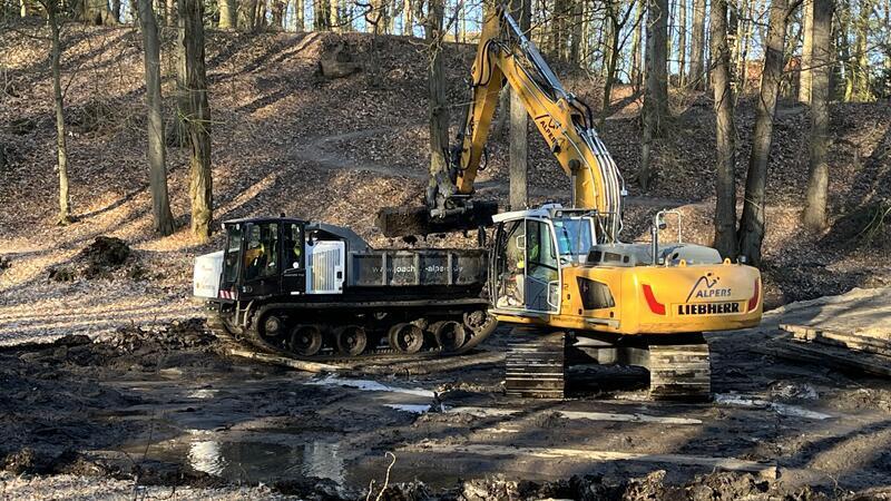 Bagger holt stinkenden Schlamm aus dem kleinen Schlossteich Mit Hilfe eines Baggers und eines Raupendumpers wird der obere Schlossteich in Agathenburg entschlammt.