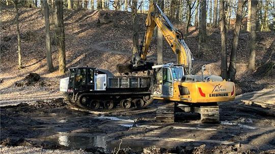 Mit Hilfe eines Baggers und eines Raupendumpers wird der obere Schlossteich in Agathenburg entschlammt.