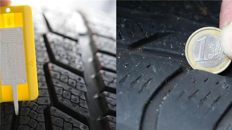 Mit Messgerät oder Münze die Profiltiefe des Reifens messen.