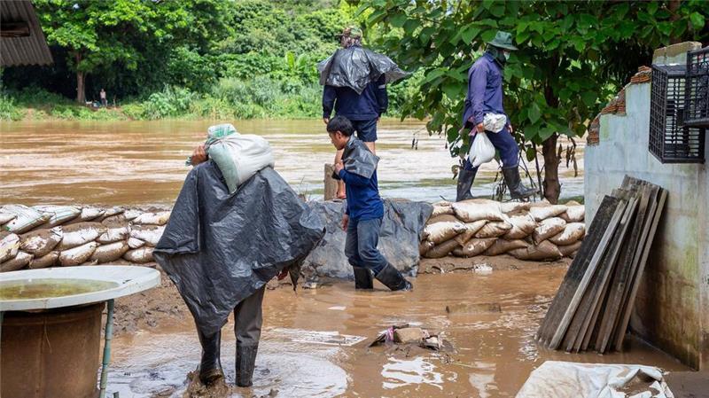 Rekordfluten in Chiang Mai - viele Elefanten in Gefahr Mit Sandsäcken versuchten Helfer, die Fluten aufzuhalten.