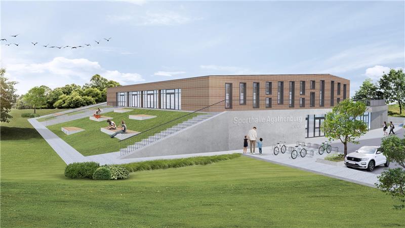 Neue Sporthalle: Agathenburg geht bei Fördergeldern leer aus - und jetzt? Mit diesem Entwurf für die neue Sporthalle haben die Architektenbüros B8 und KFA Bauplanung aus Hamburg 2023 den Architektenwettbewerb gewonnen. (Visualisierung)