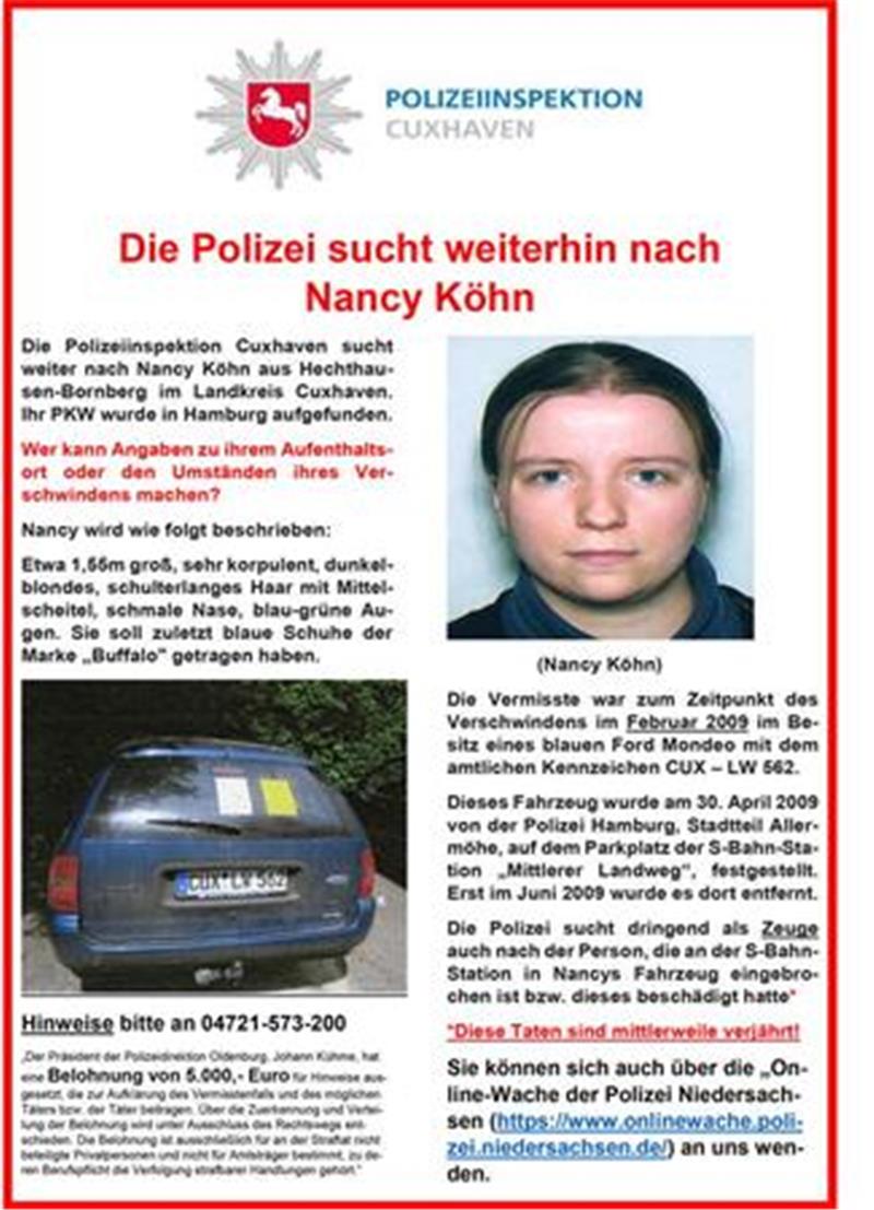 Rätsel um Nancy Köhn: Polizei kennt den Mörder - hat aber keine Beweise Mit diesem Fahndungsplakat sucht die Polizei nach der vermissten Nancy Köhn.