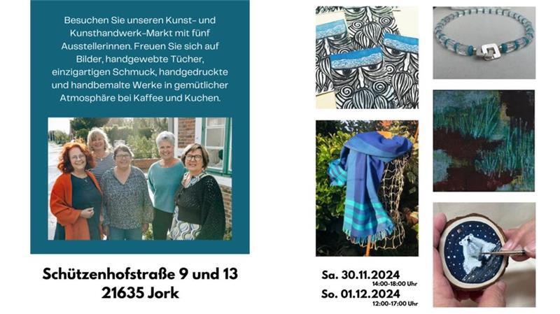 Fünf Künstlerinnen stellen beim 3. Kunstmarkt in Jork aus Mit diesem Flyer wird zum Kunst- und Kunsthandwerkermarkt in den Räumen des Ateliers von Elena-Florentine Kühn in Jork eingeladen.