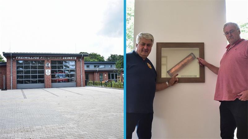 Mit diesem Neubau ist für alle Deinster, darunter Ortsbrandmeister Rainer Nuttbohm und Gemeindebürgermeister Jörg Müller - hier vor der Zeitkapsel -, ein neues Zeitalter angebrochen.