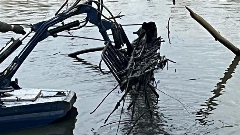 Mit einem Boot holt Simon Mückenberger das Totholz aus dem Borsteler Hafen.