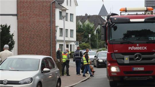 Mit einem Diensthund suchen Beamte am Morgen nach dem Messerangriff den Umkreis des Tatortes ab.