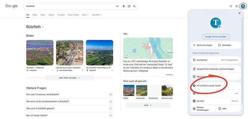 Keine News verpassen: So machen Sie das TAGEBLATT zur Top-Quelle bei Google Mit einem Klick auf das Profil (rechts oben auf der Google-Startseite) öffnen sich die Konto-Einstellungen. Dann „Personalisierung der Suche“ auswählen.