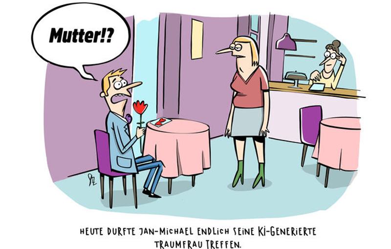 KI und Virtual Reality: Schloss Agathenburg zeigt Zeichnungen mit Biss und Witz Mit ihrer Karikatur „Dating“ hat Christina Salz den 2. Platz beim 24. Deutschen Karikaturenpreis belegt und ist damit Gewinnerin des Geflügelten Bleistifts in Silber.