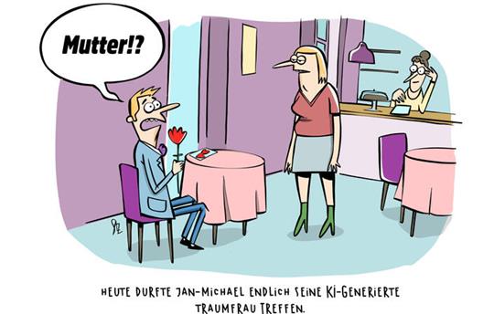 Mit ihrer Karikatur „Dating“ hat Christina Salz den 2. Platz beim 24. Deutschen Karikaturenpreis belegt und ist damit Gewinnerin des Geflügelten Bleistifts in Silber.