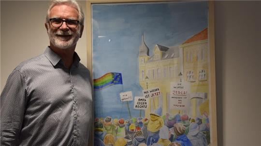 Mit seinem Aquarell hat David Fitzsimmons (62) den von der Buxtehude-Stiftung ausgelobten Kreativwettbewerb 75 Jahre Grundgesetz gewonnen.